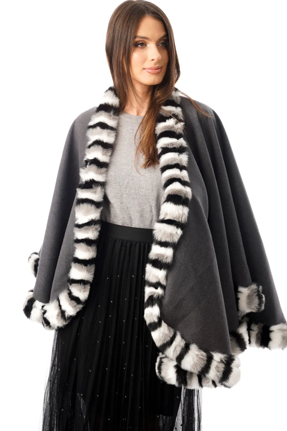 Knitted Faux Fur Swing Poncho Cape with Duo Colour Fur Trim