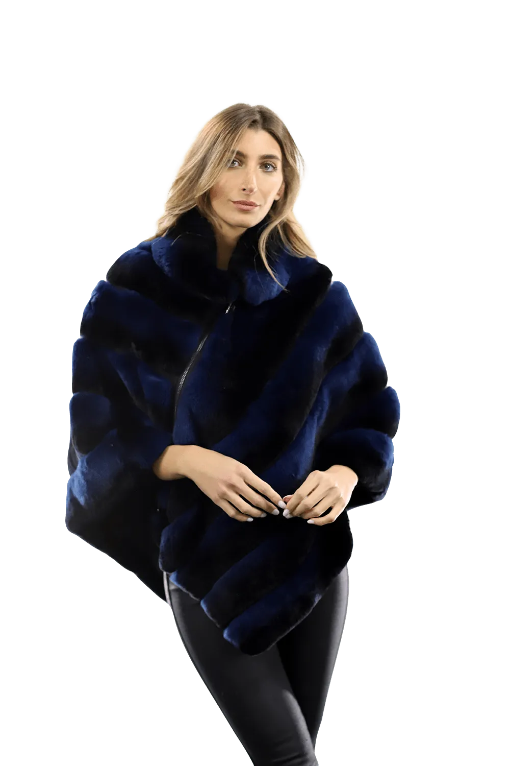 La Fiorentina -  Two Tone Rex Rabbit Poncho with Zipper - Blue