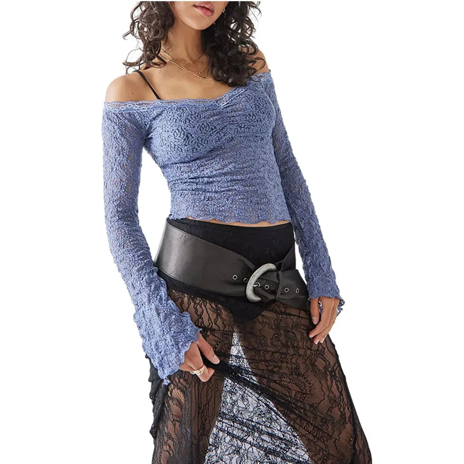 Lace Sheer Mesh Off Shoulder Long Sleeve Slim Fitted Streetwear Sexy T-shirt