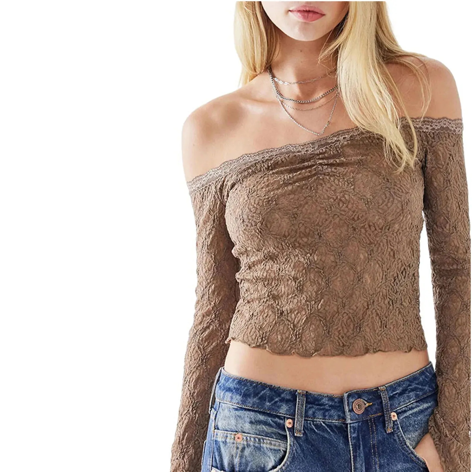 Lace Sheer Mesh Off Shoulder Long Sleeve Slim Fitted Streetwear Sexy T-shirt