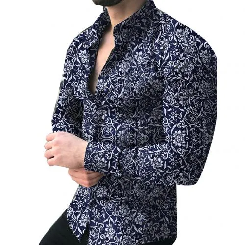 Lapel printed long-sleeved casual floral shirt