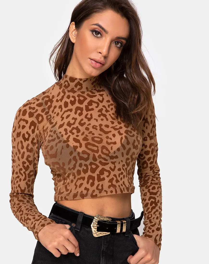 Lara Crop Top in Animal Flock Tan Brown