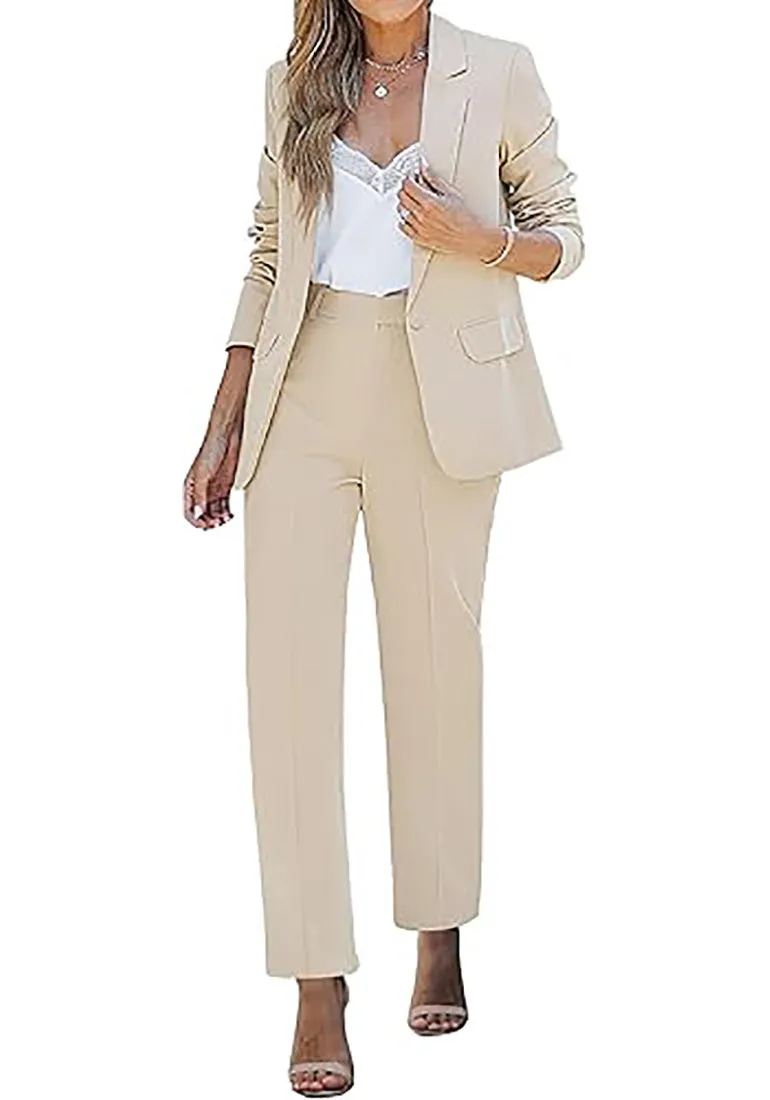 Light Beige Women's Blazer Set Business Casual Full Fit Blazer Jackets and Straight Pant Suits with Pockets