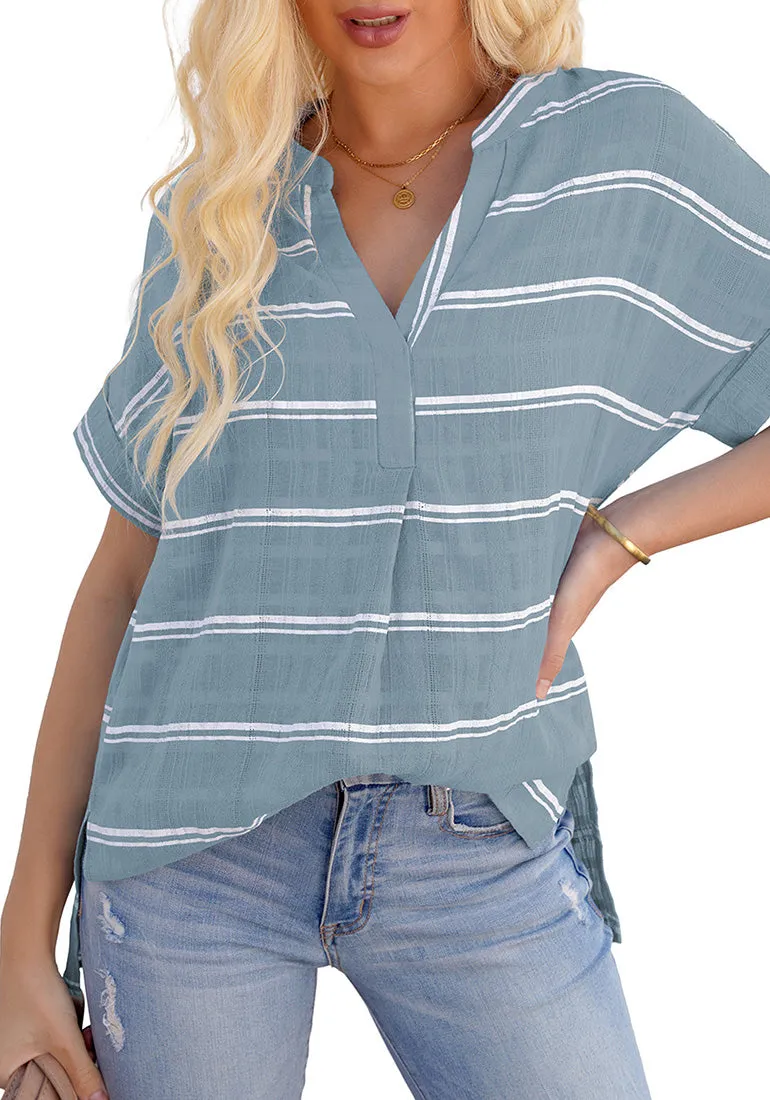 Light Blue Split V-Neckline Batwing Sleeves Striped Loose Top