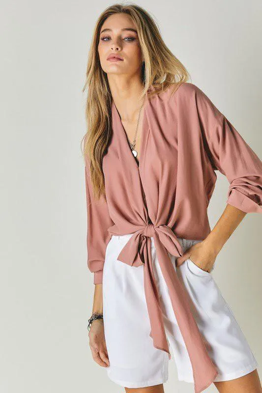 Long Sleeve V-Neck Waist Tie Top