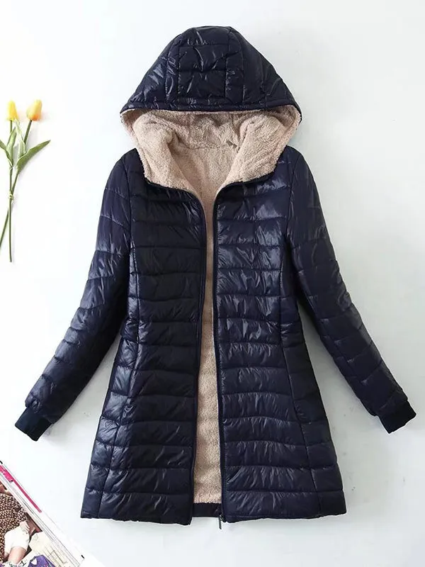 Long Sleeves Keep Warm Pockets Velvet Zipper Hooded Outerwear Padded Coat