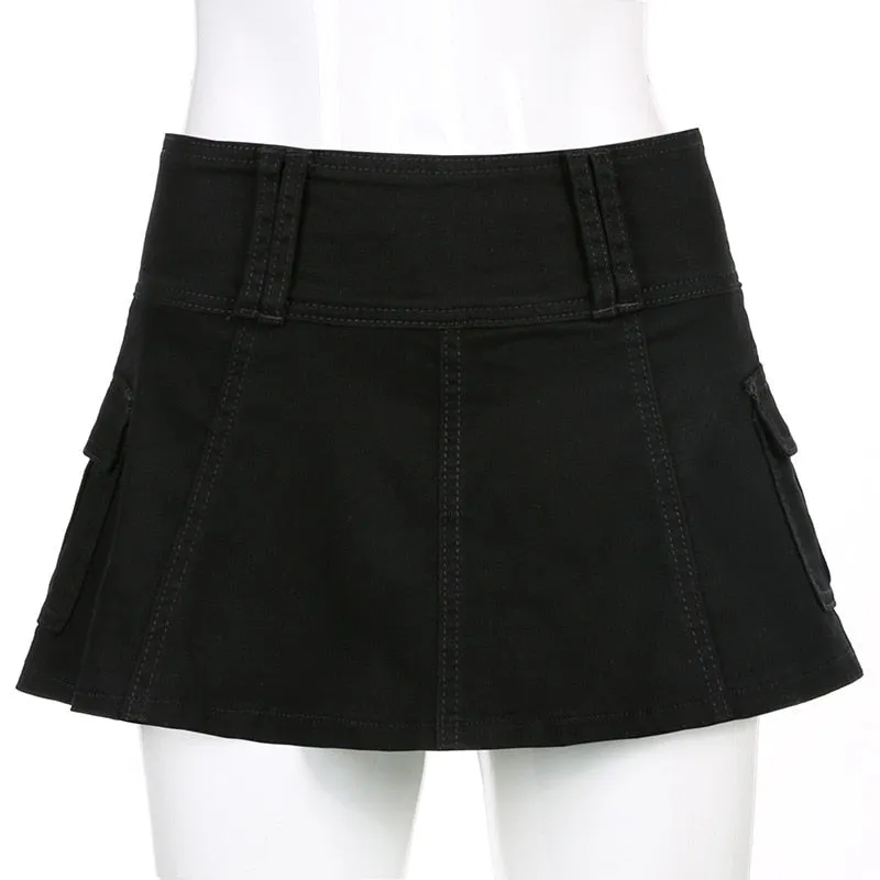 Low Waist Black Micro Skirts Streetwear Pockets Patchwork A-line Skirt