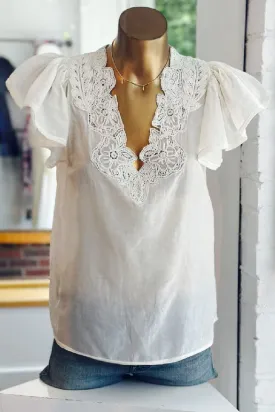 Lucien Cotton Silk Lace Top in Pristine