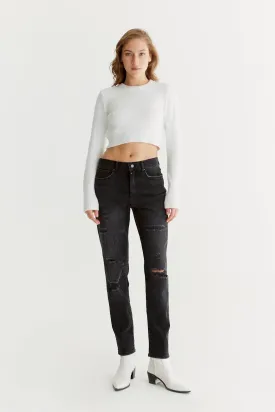 Lynn Mid Waist 5 Pocket Jeans Black Destroyed