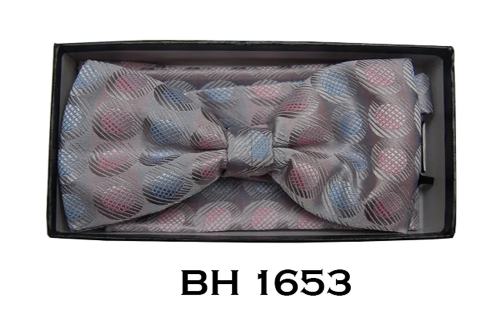 Men's Dark Grey, Blue Polka Dots Pre-Tied Bow Tie With Matching Hanky Bh-1653