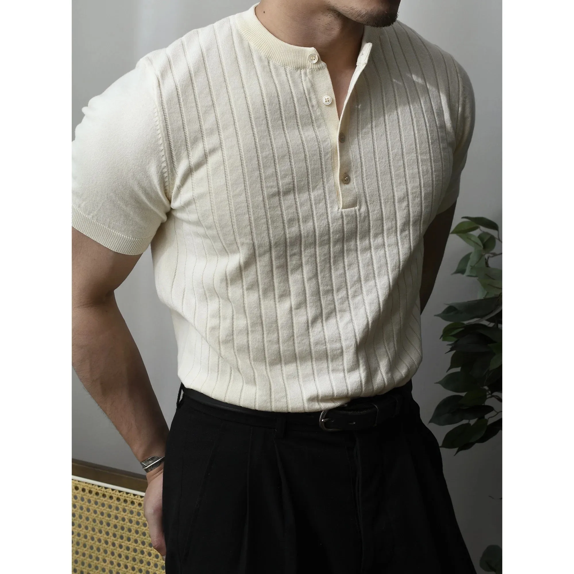 Men's Henley Collar Striped Business Casual Vintage Tees