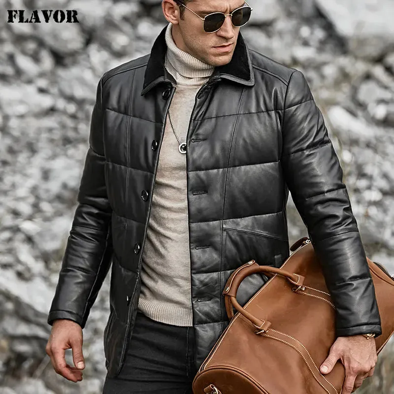 Men's Lambskin Leather Down Jacket with Sheep Fur Collar