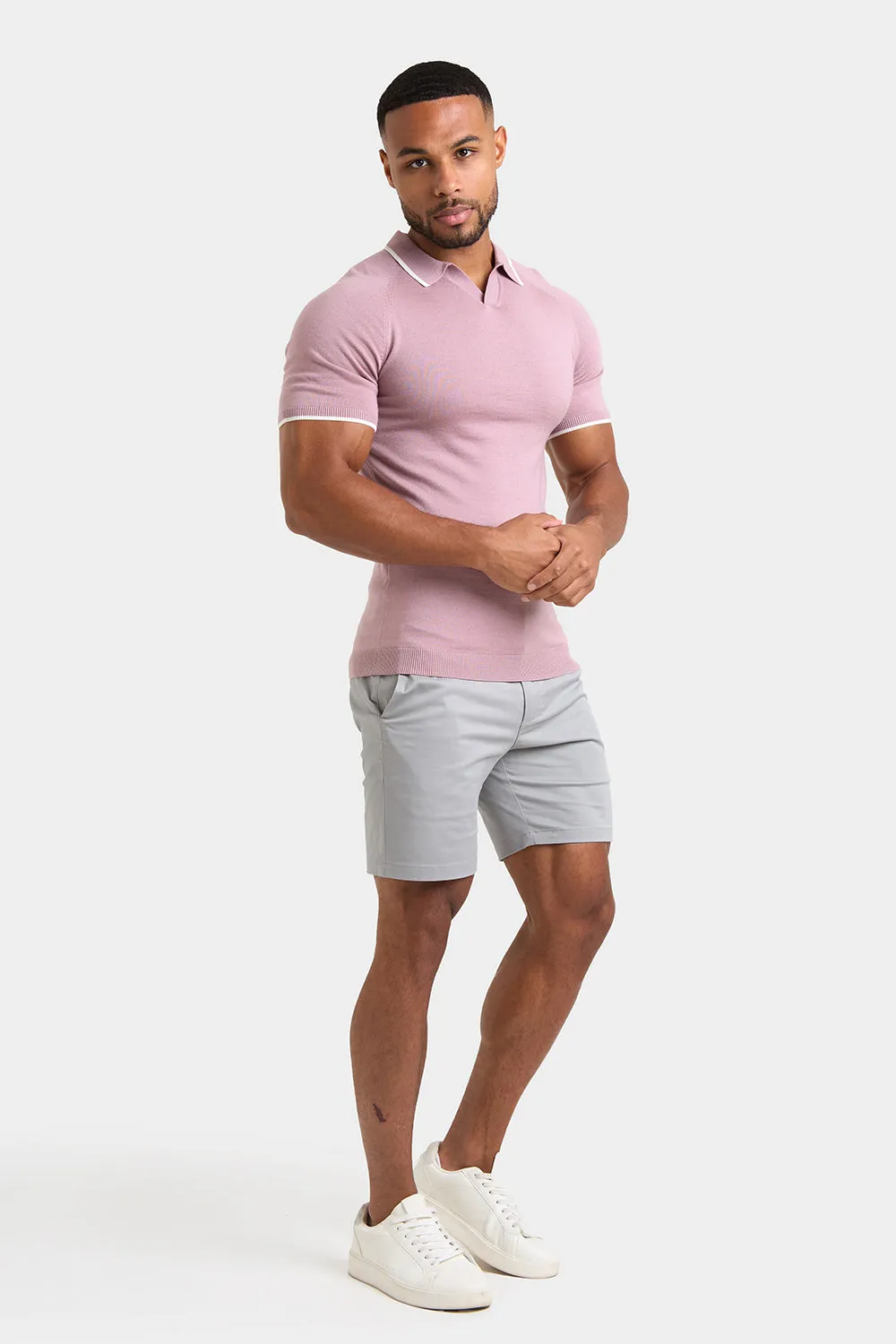 Merino Tipped Open Collar Polo Shirt in Dusky Pink