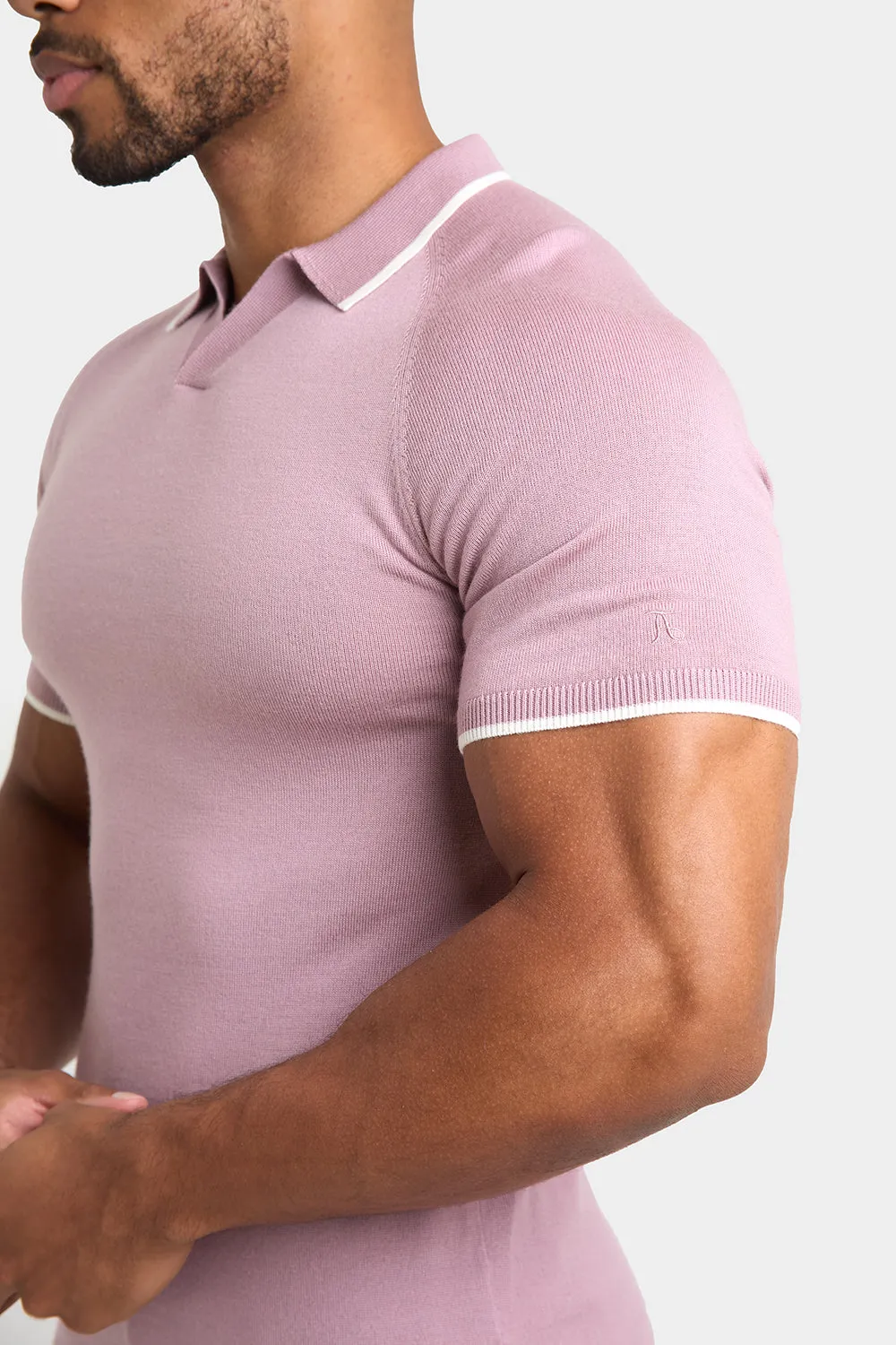 Merino Tipped Open Collar Polo Shirt in Dusky Pink