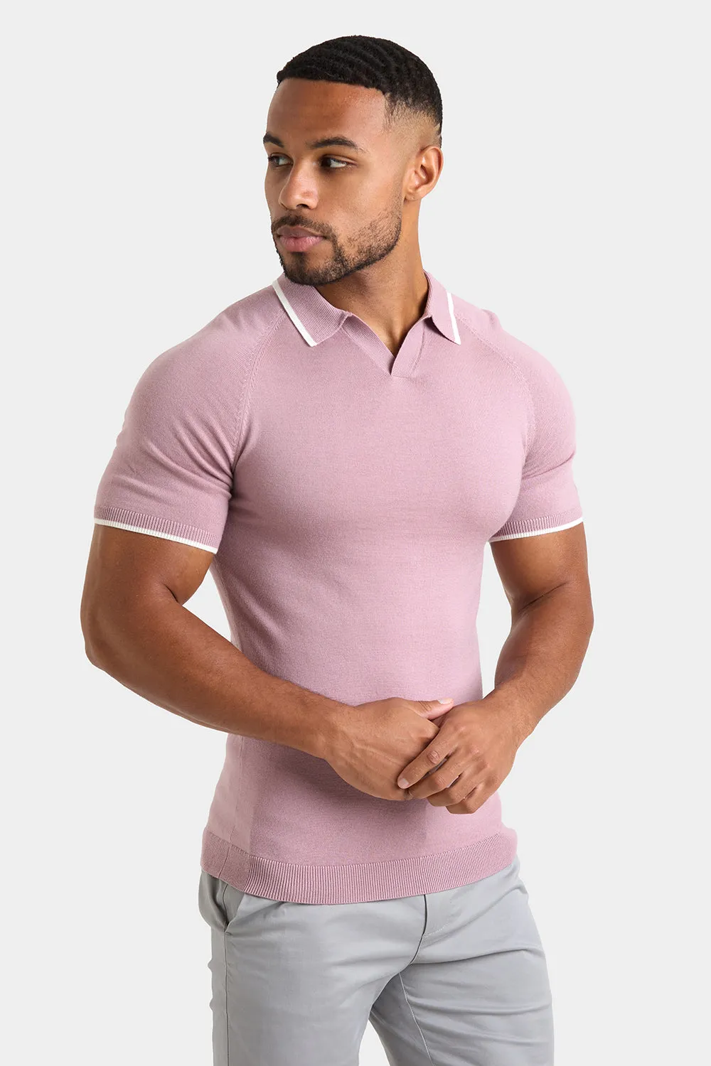 Merino Tipped Open Collar Polo Shirt in Dusky Pink