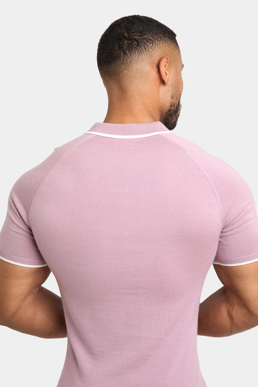 Merino Tipped Open Collar Polo Shirt in Dusky Pink