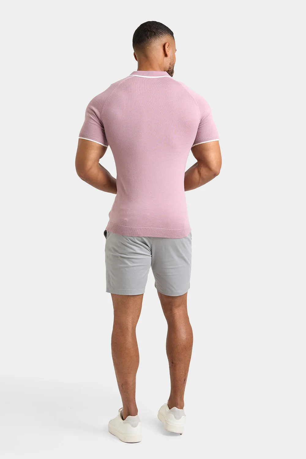 Merino Tipped Open Collar Polo Shirt in Dusky Pink