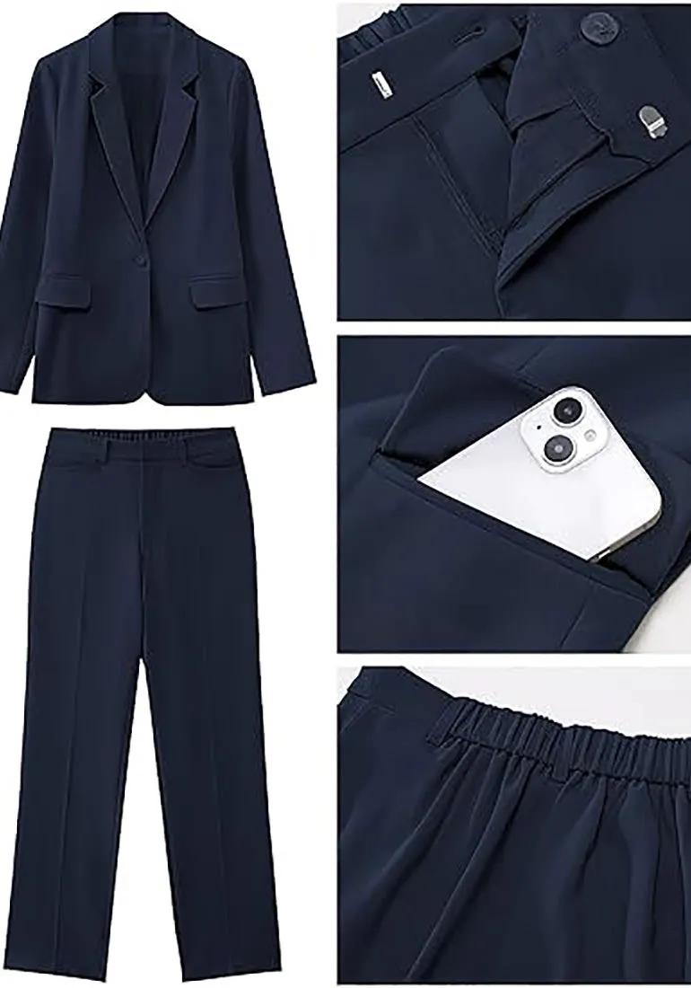 Navy Blue Women's Blazer Set Business Casual Full Fit Blazer Jackets and Straight Pant Suits with Pockets