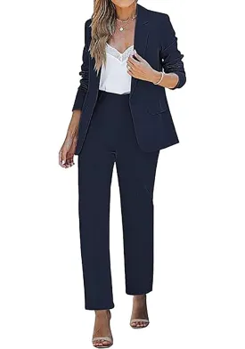 Navy Blue Women's Blazer Set Business Casual Full Fit Blazer Jackets and Straight Pant Suits with Pockets