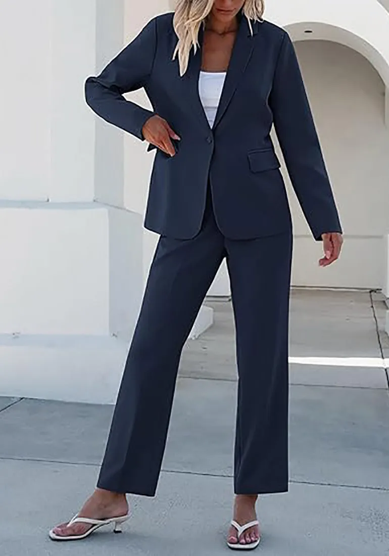 Navy Blue Women's Blazer Set Business Casual Full Fit Blazer Jackets and Straight Pant Suits with Pockets