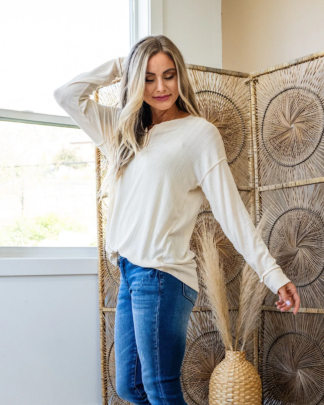 NEW! Bria Wide Ribbed Henley Top - Cream