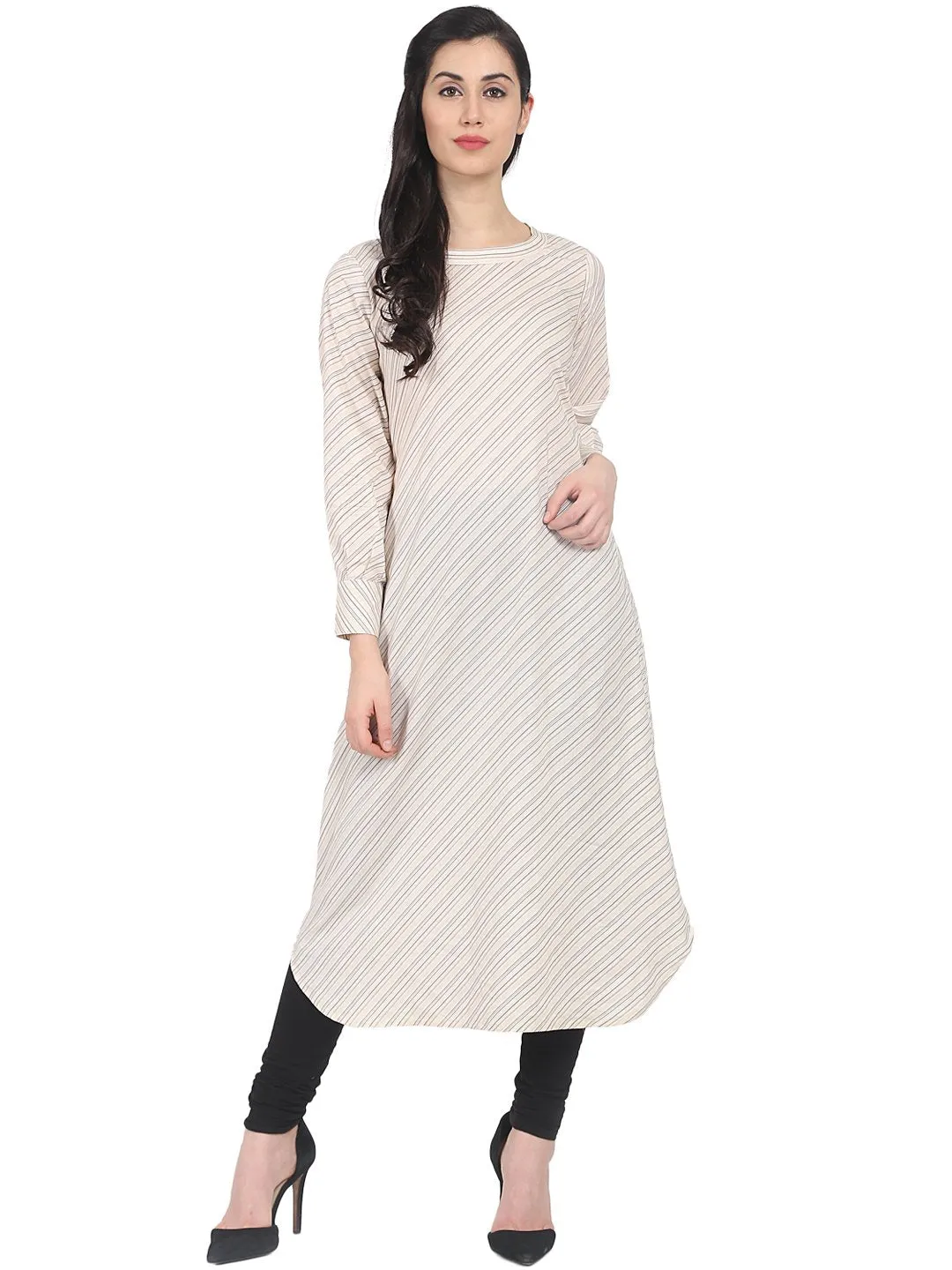 Off White Striped Full Sleeve Cotton Long A-Line Kurta