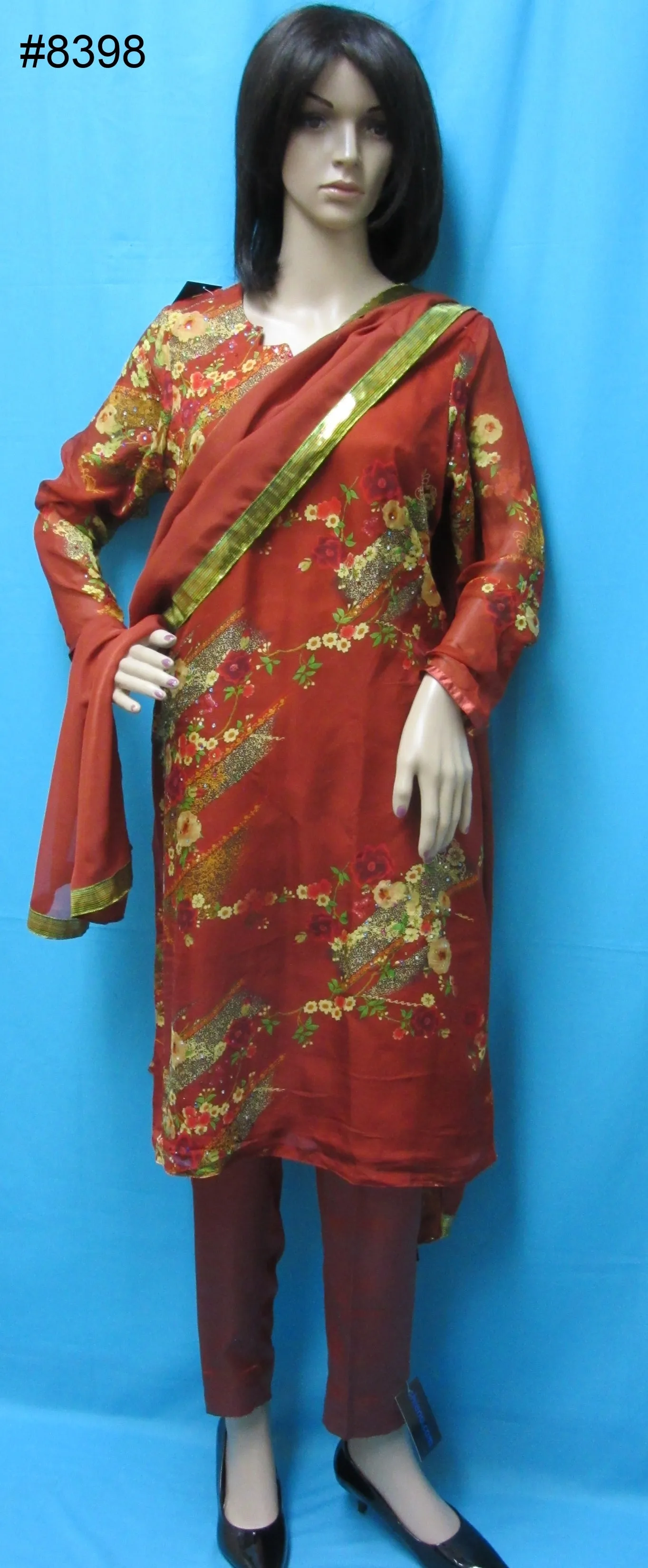 Pakistani 8399 Chiffon Printed Kameez Dupatta Palazzo straight Pants Suit Small Large Size