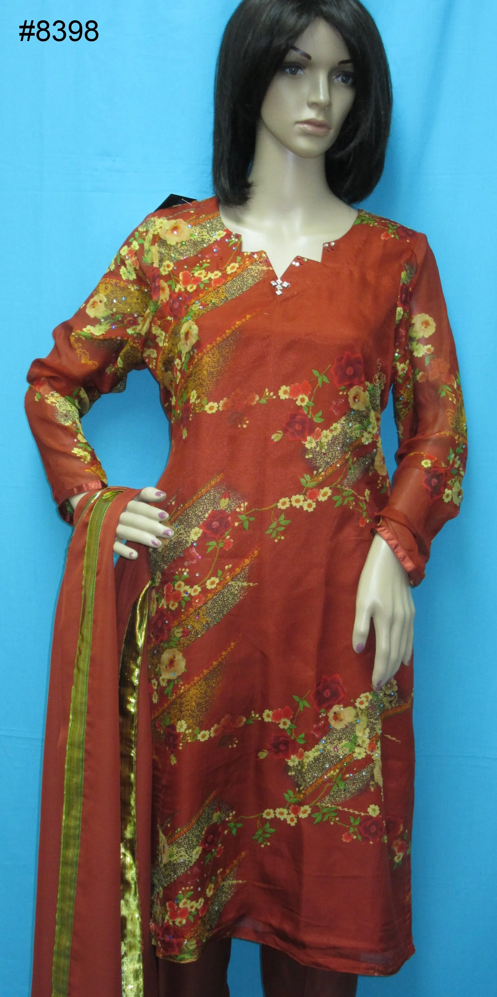 Pakistani 8399 Chiffon Printed Kameez Dupatta Palazzo straight Pants Suit Small Large Size