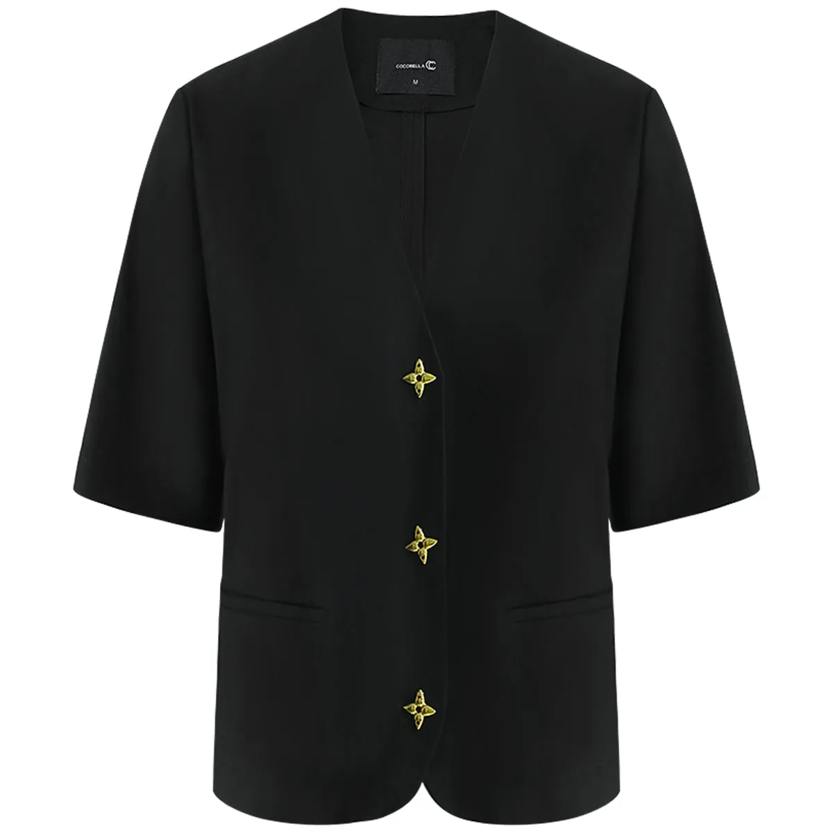 Petite Cropped Black Blazer with Gold Button Embellishments