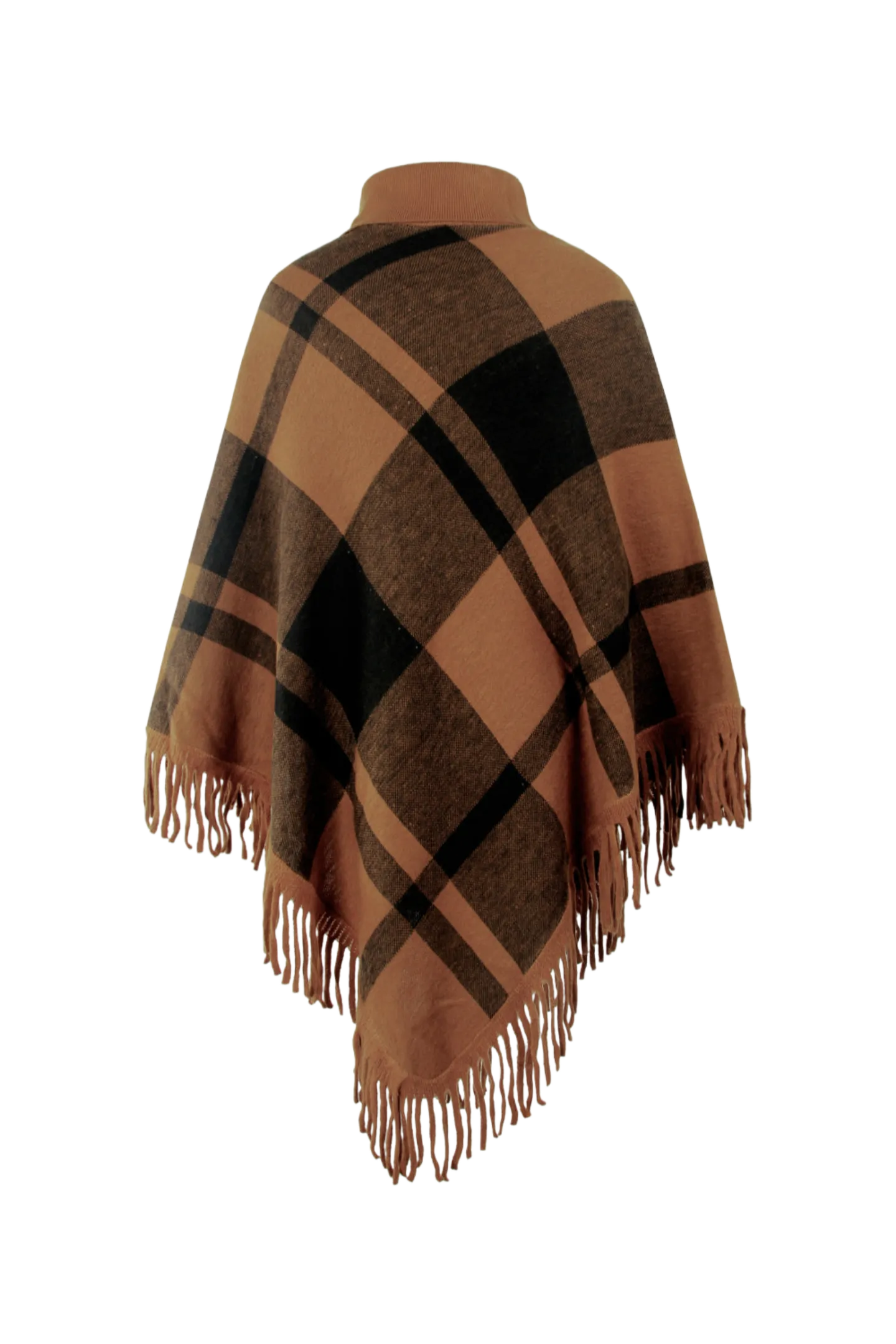 Plaid Turtleneck Fringe Hem Poncho