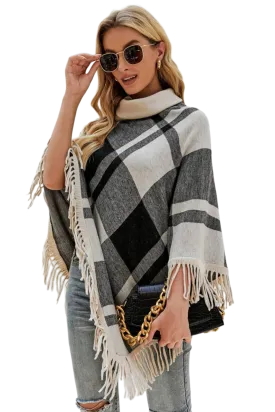 Plaid Turtleneck Fringe Hem Poncho