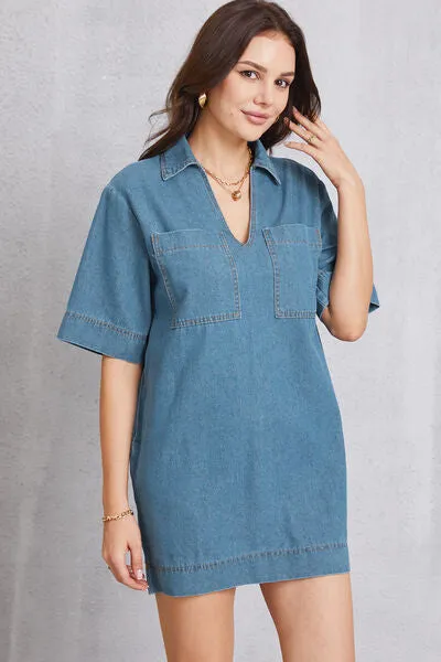 Pocketed Collared Neck Mini Denim Dress