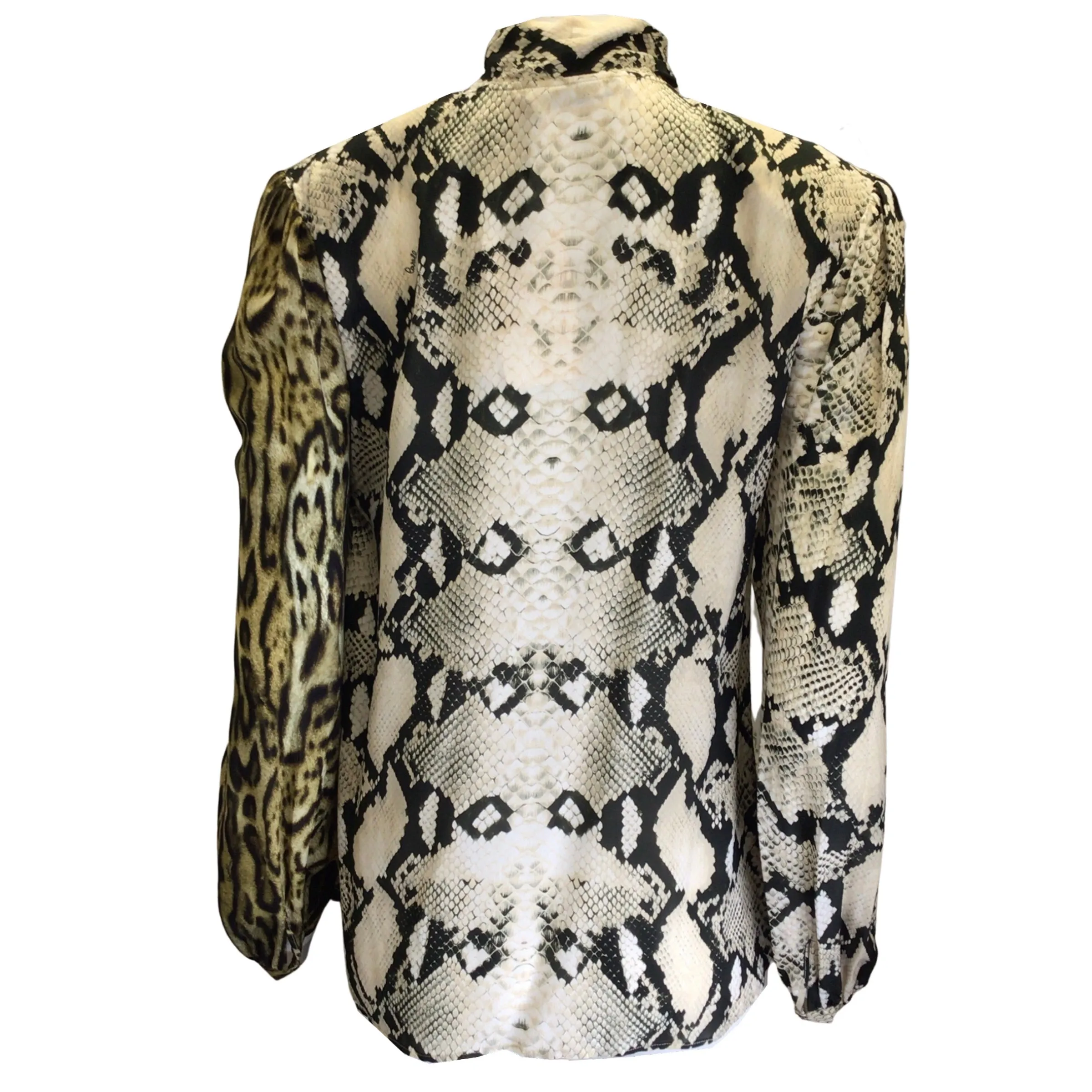 Roberto Cavalli Ivory / Tan / Black Multi Animal Print Tie-Neck Paneled Top