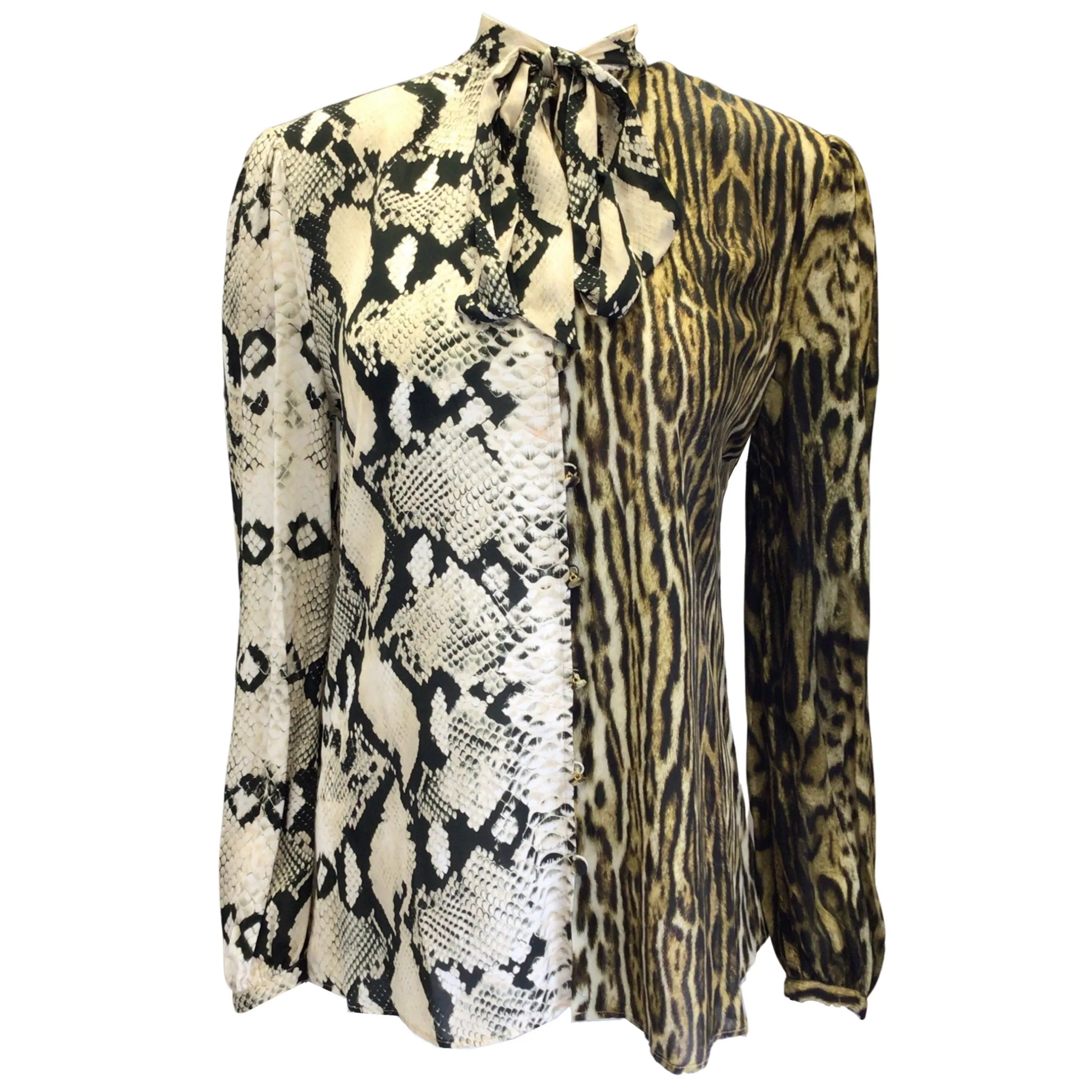 Roberto Cavalli Ivory / Tan / Black Multi Animal Print Tie-Neck Paneled Top