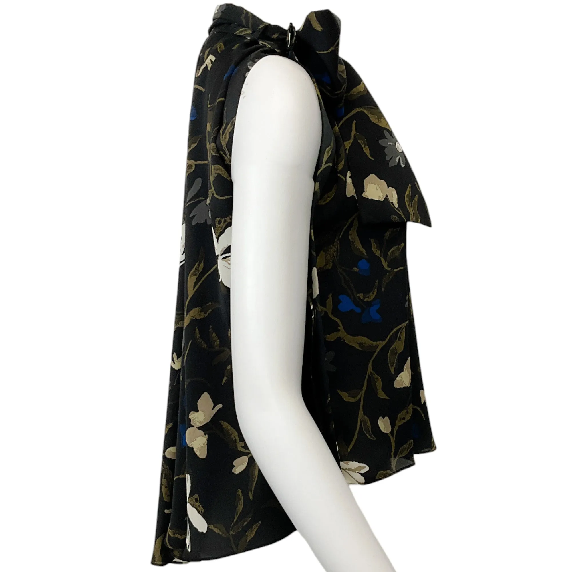 Sacai Black Multi Floral Sleeveless Tie Neck Blouse