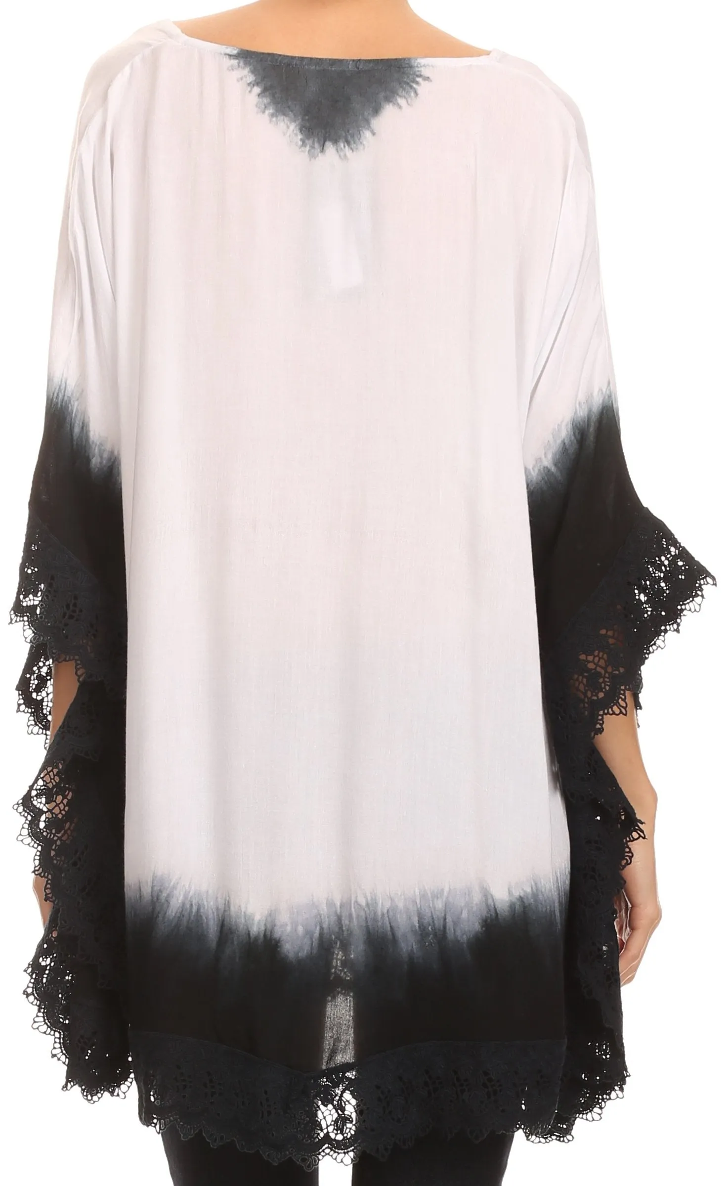 Sakkas Jix Long Embroidery Crochet Lace Tie Dye V Neck Poncho Blouse Shirt Top