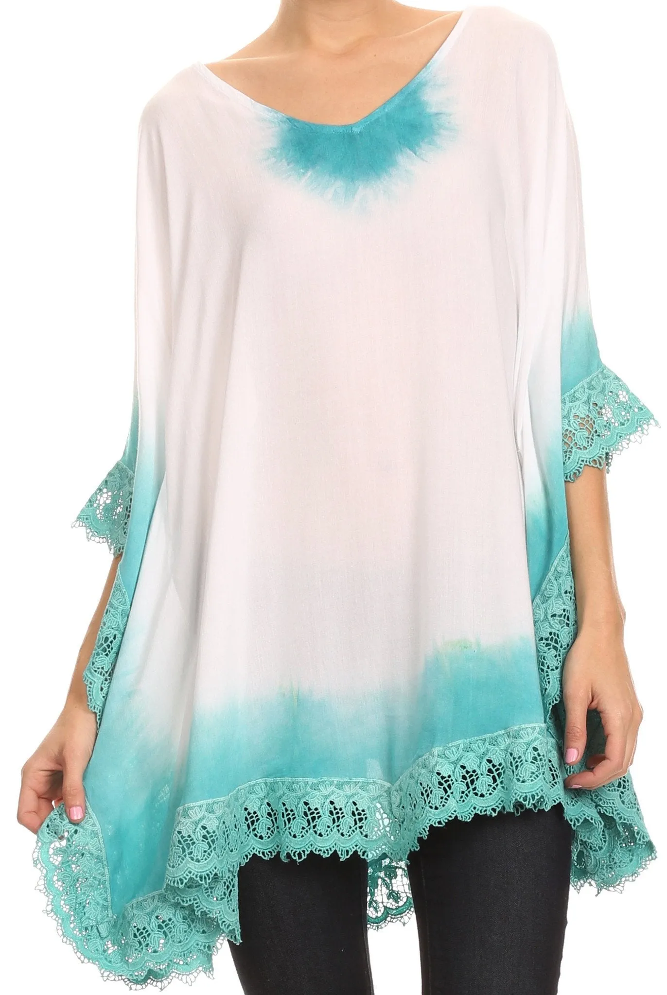 Sakkas Jix Long Embroidery Crochet Lace Tie Dye V Neck Poncho Blouse Shirt Top