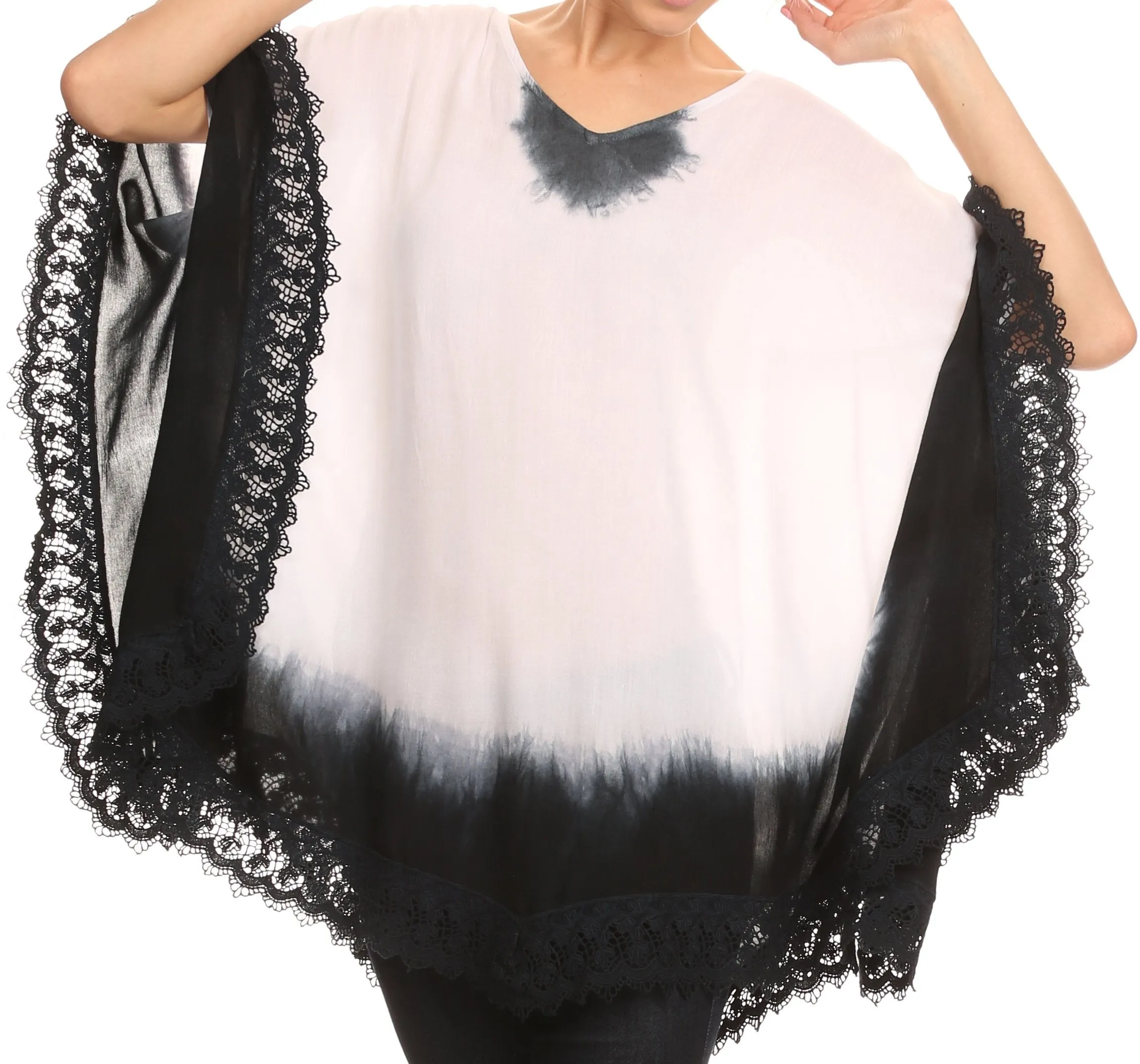 Sakkas Jix Long Embroidery Crochet Lace Tie Dye V Neck Poncho Blouse Shirt Top