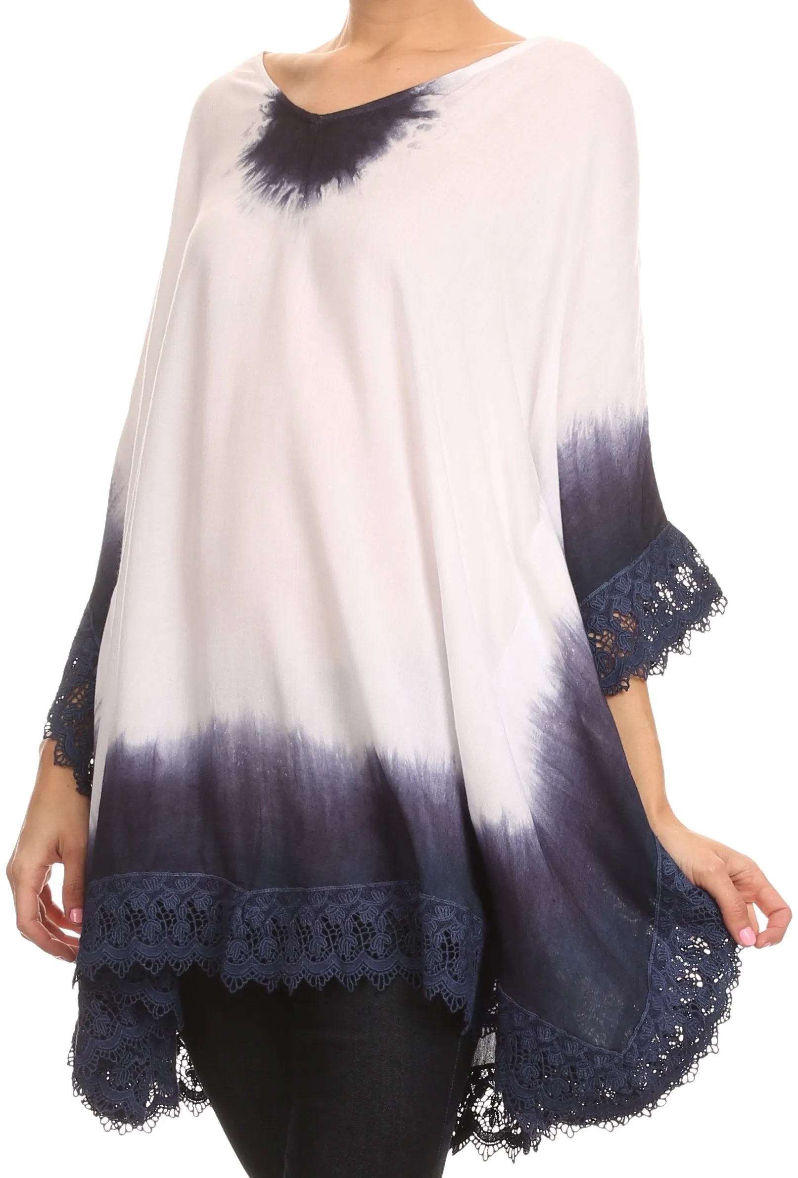 Sakkas Jix Long Embroidery Crochet Lace Tie Dye V Neck Poncho Blouse Shirt Top