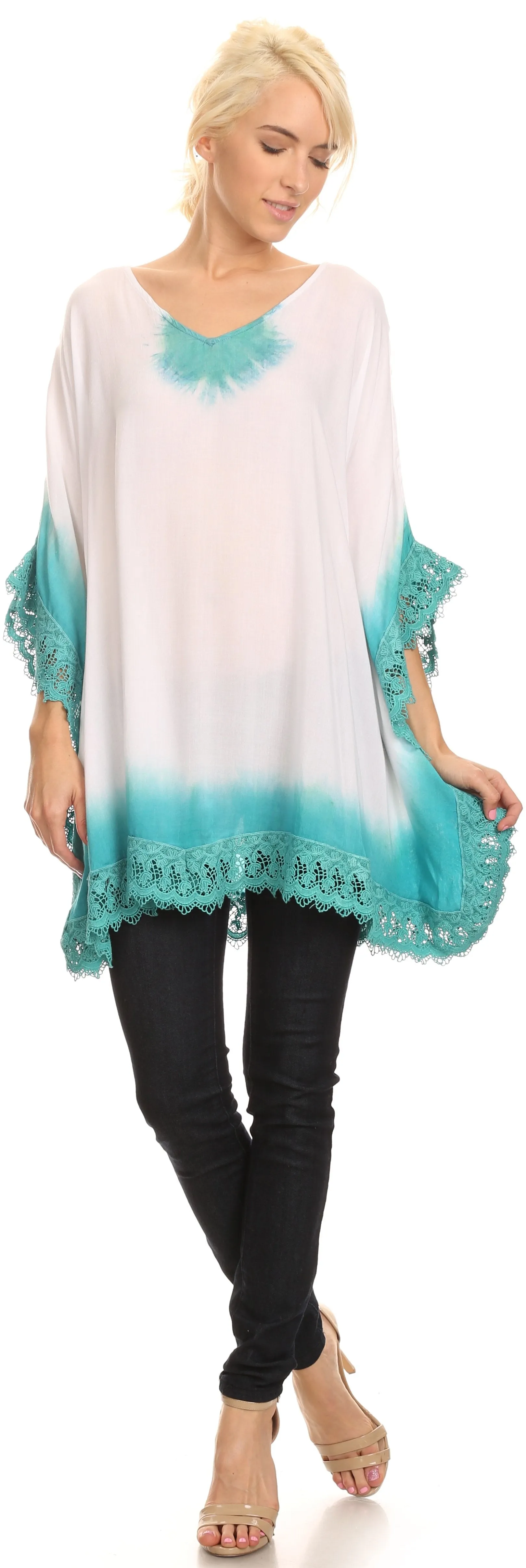 Sakkas Jix Long Embroidery Crochet Lace Tie Dye V Neck Poncho Blouse Shirt Top