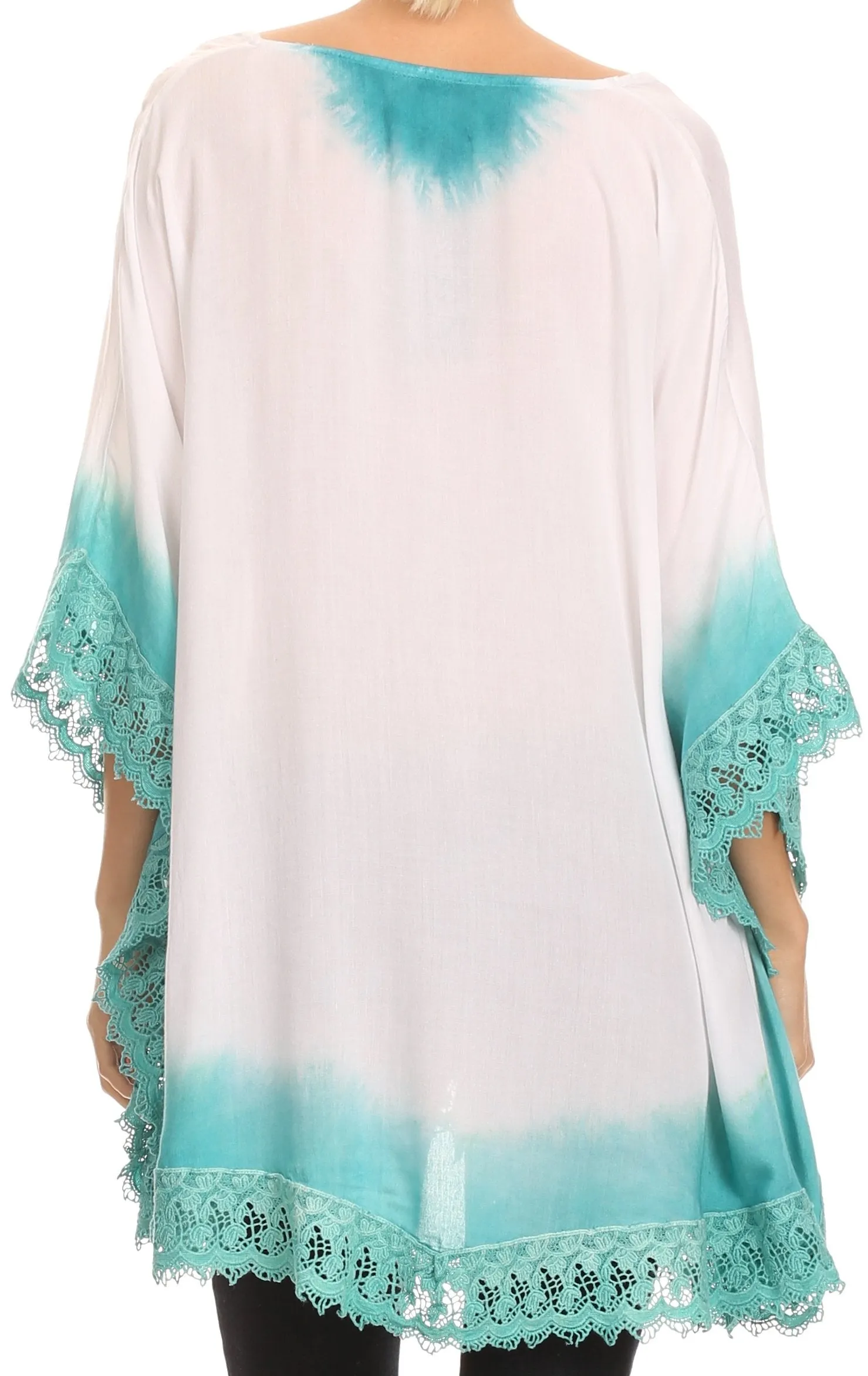 Sakkas Jix Long Embroidery Crochet Lace Tie Dye V Neck Poncho Blouse Shirt Top