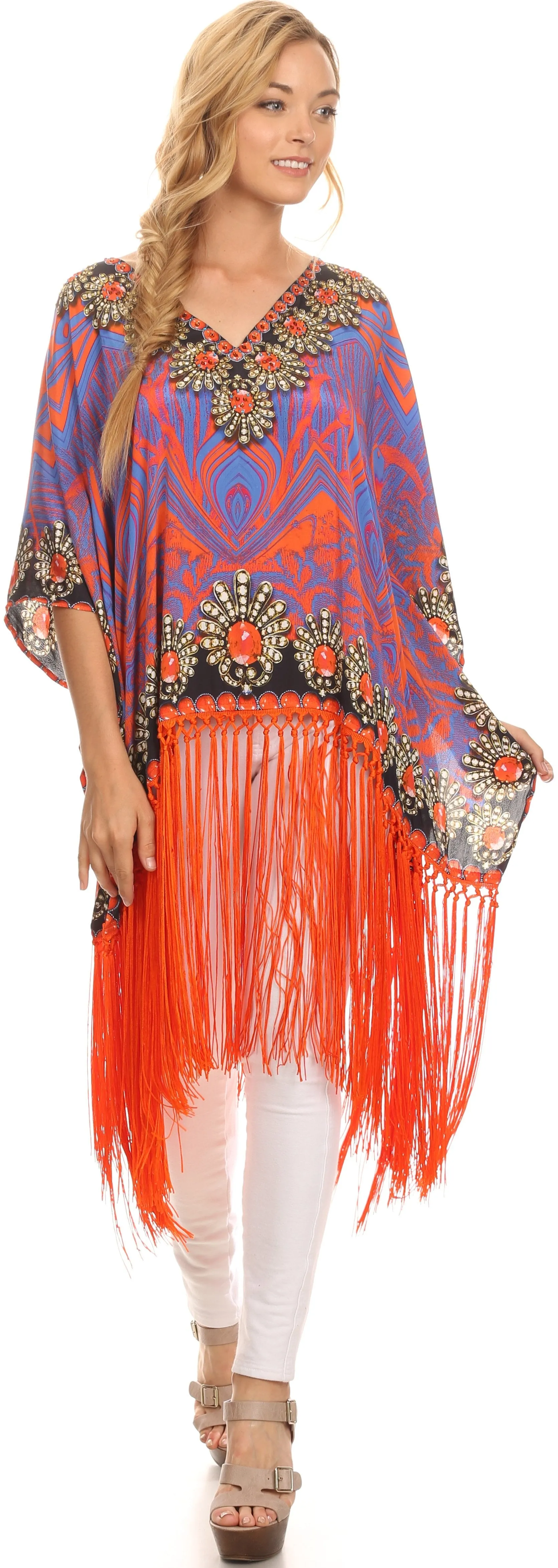 Sakkas Keagan Mid Length Poncho Blouse Shirt Top With Fringe And Tribal Print