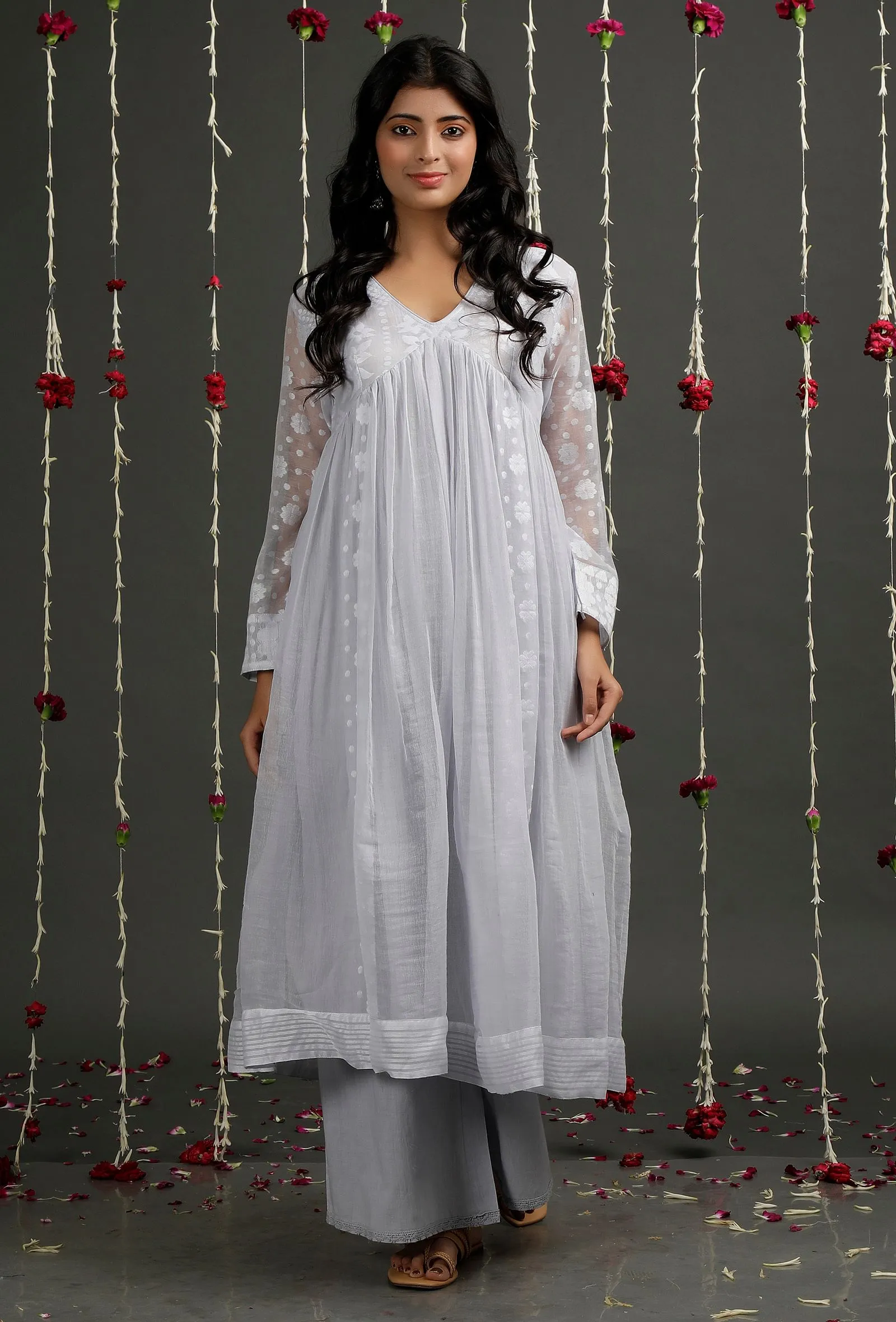 Set Of 2: Pale Blue Floral Jamdani Kurta With  Flared Palazzo Pants