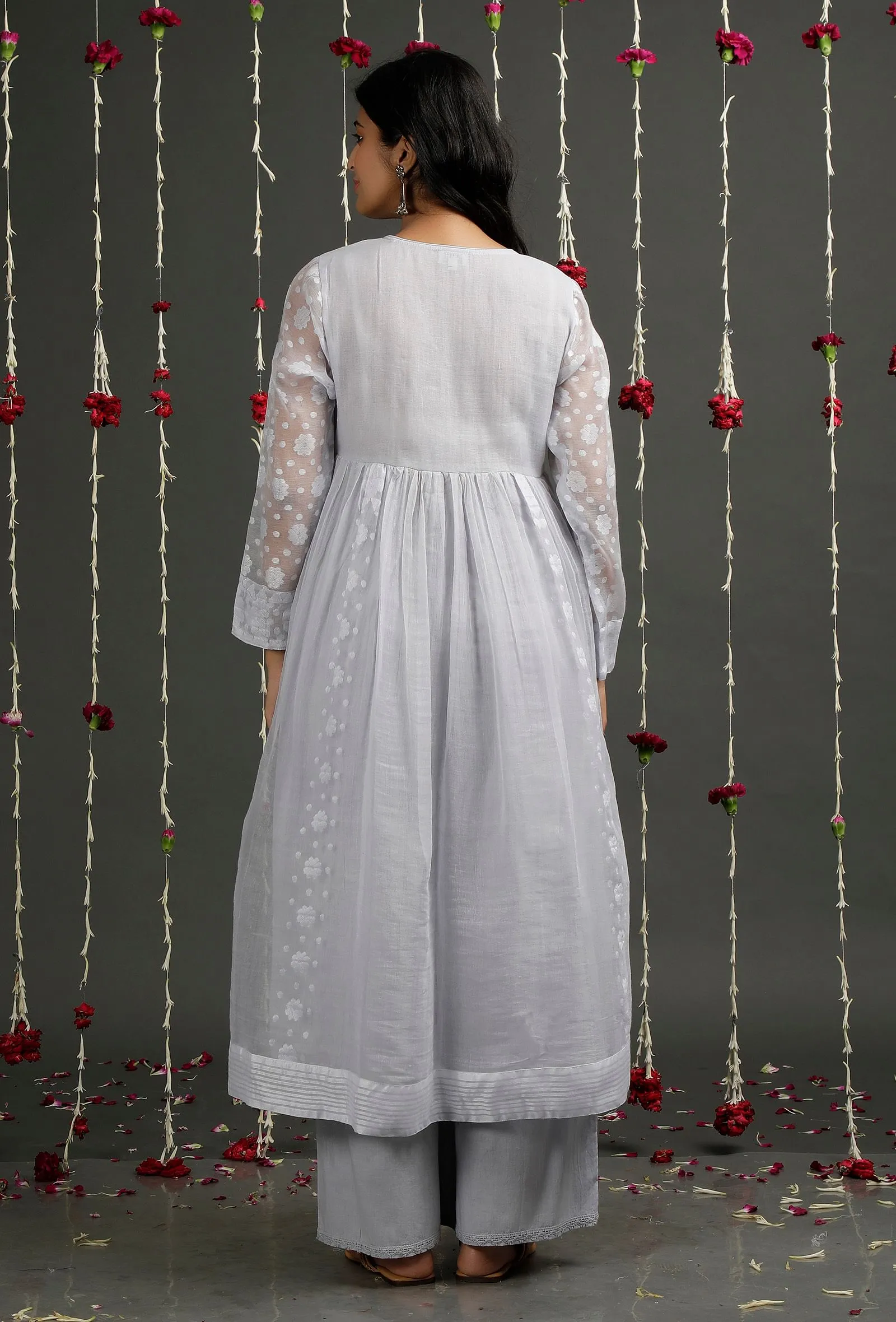 Set Of 2: Pale Blue Floral Jamdani Kurta With  Flared Palazzo Pants