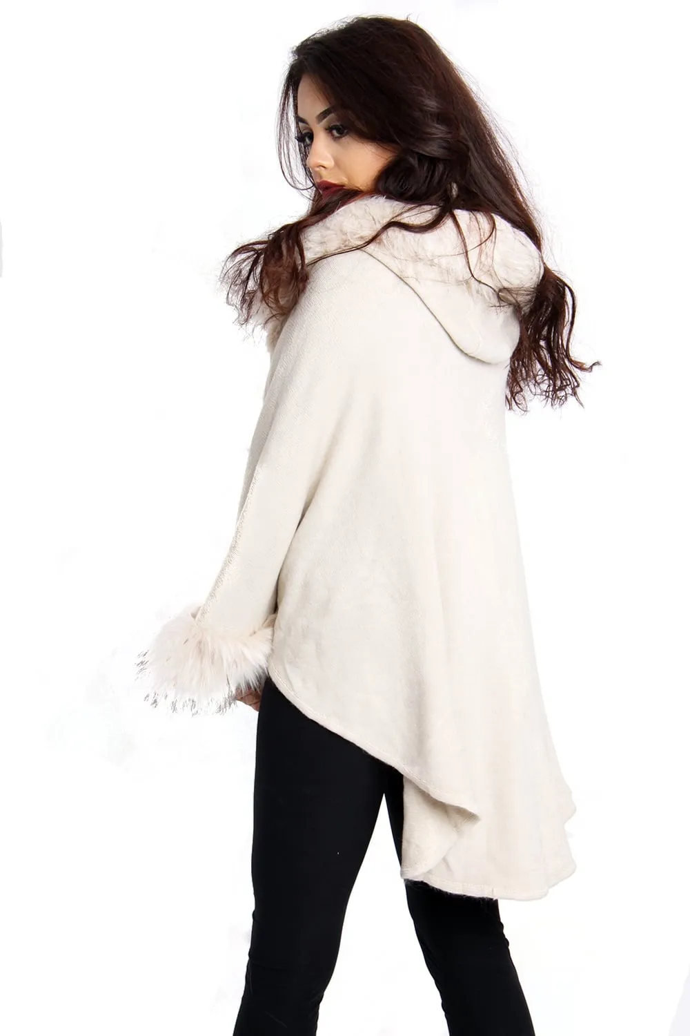 Short Poncho Cape with Faux Fur Hood Cuffs and Trim