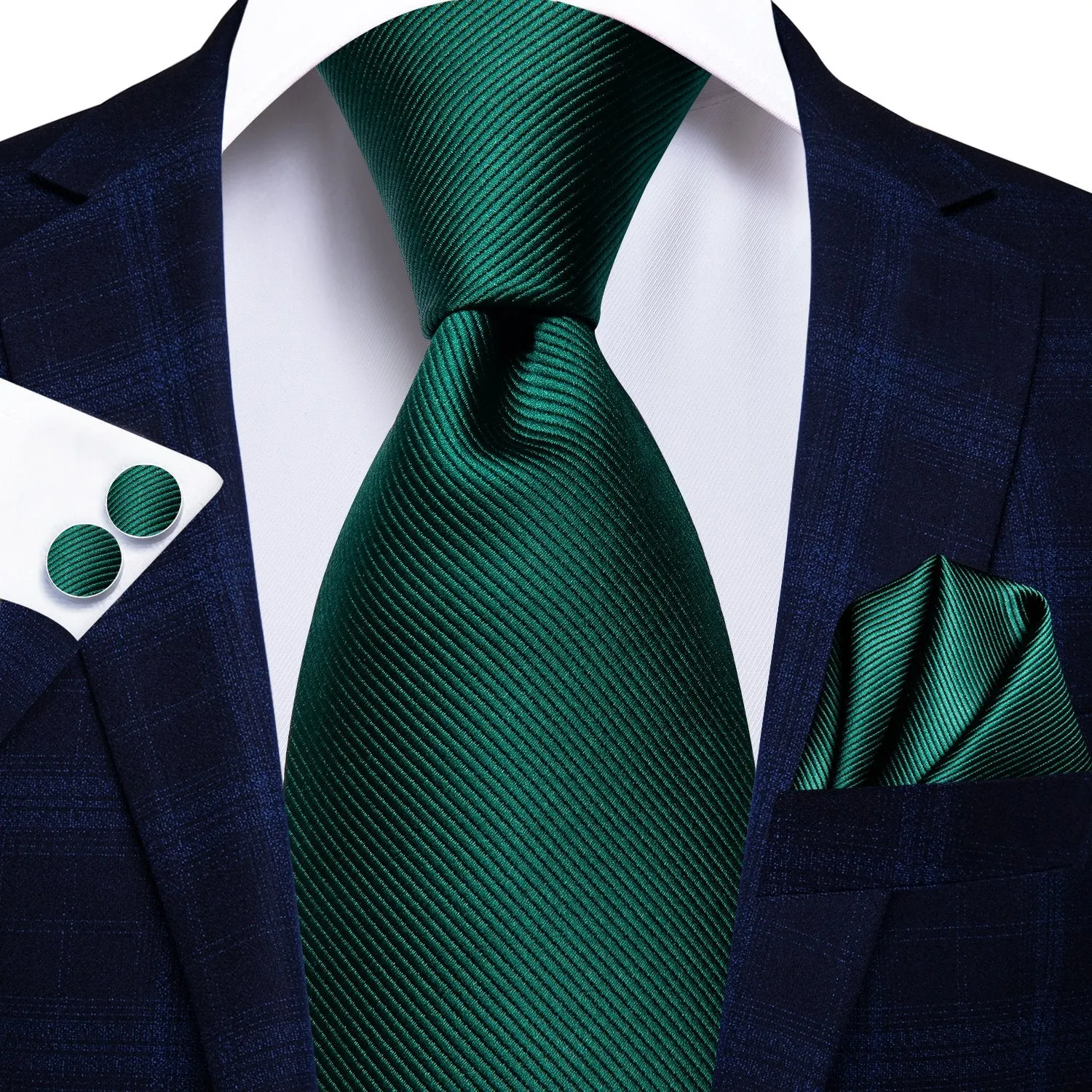 Solid Green Tie Handkerchief Cufflinks Set with Brooch