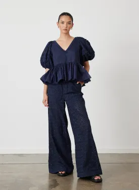 Sophia Organic Cotton Broderie Palazzo Pant | Midnight