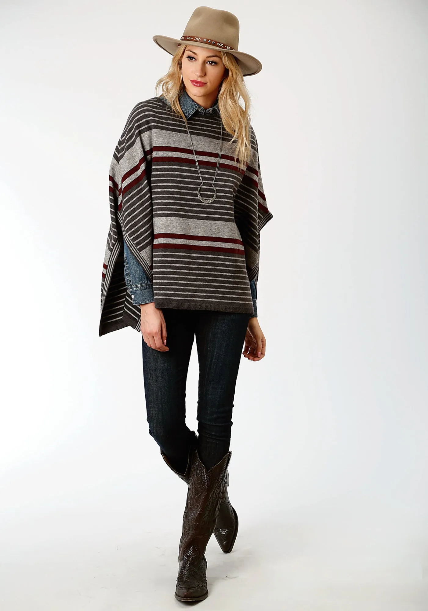 Stetson Womens Grey/Red Ombre Stripe Poncho