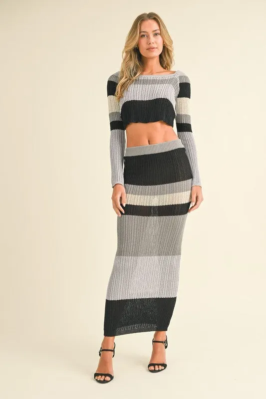 Striped Knit Crop Top And Maxi Skirt Set