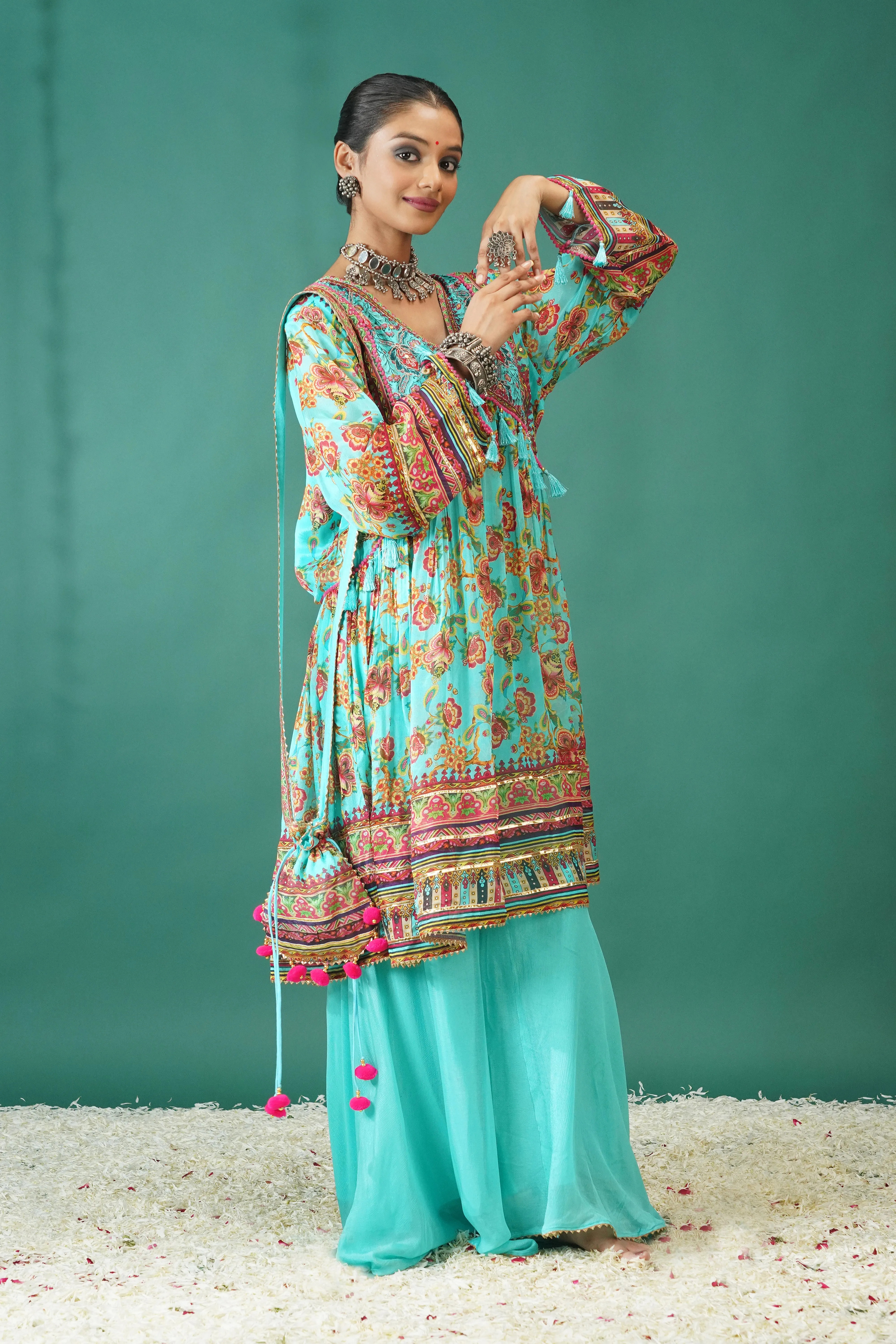 Teal Traditional Printed Chinon Silk Palazzo Set